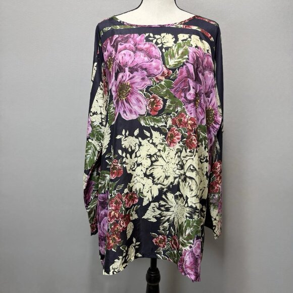 Johnny Was 100% Silk Blouse Womens L Floral Print Top Light Boho Resort Designer - Picture 1 of 9